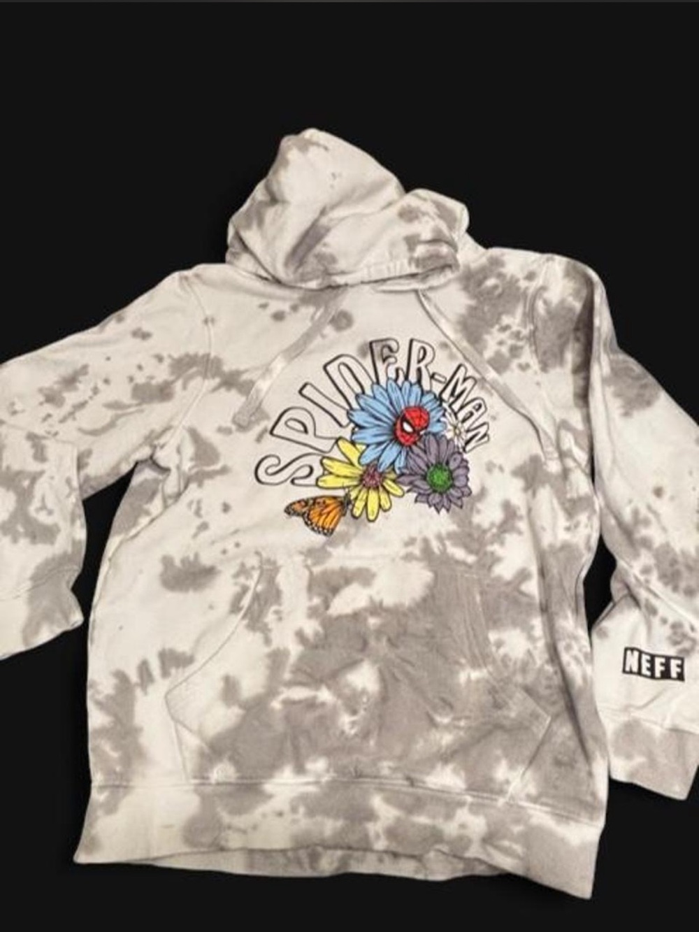 Neff Spiderman Gray Tie-Dye Hoodie with Colorful Floral Graphic